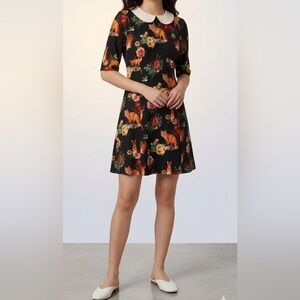 Hell Bunny Black & White Collard Fox Pattern Short Sleeve Dress Size Medium